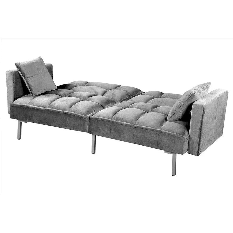 Canapé-lit convertible en velours avec un design capitonné de style mi-siècle et des pieds en métal