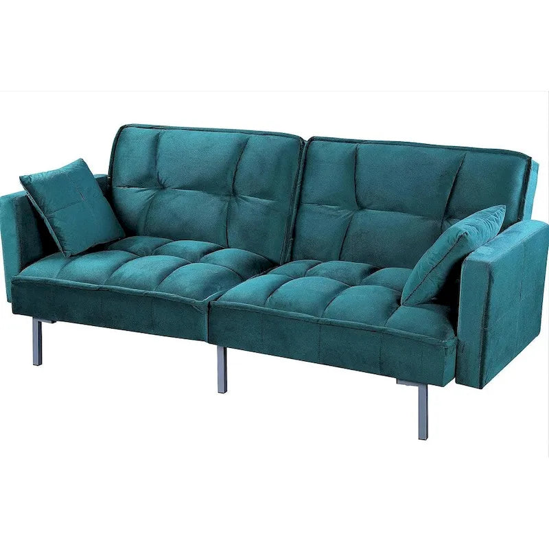 Canapé-lit convertible en velours avec un design capitonné de style mi-siècle et des pieds en métal