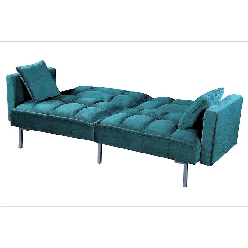 Canapé-lit convertible en velours avec un design capitonné de style mi-siècle et des pieds en métal