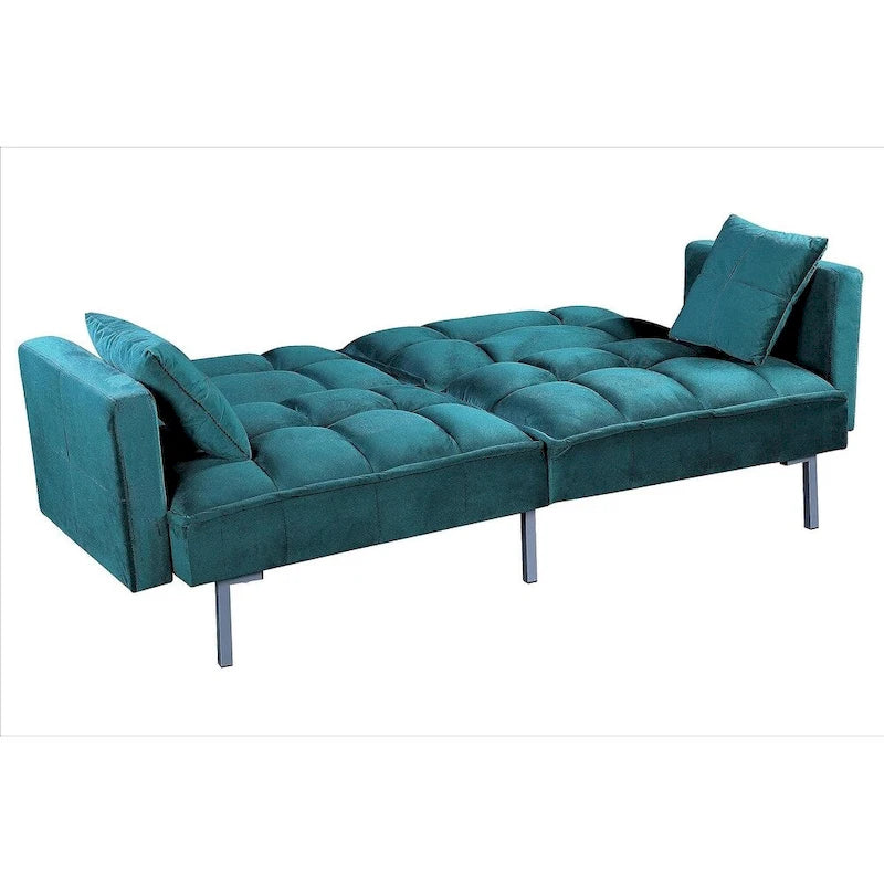 Canapé-lit convertible en velours avec un design capitonné de style mi-siècle et des pieds en métal