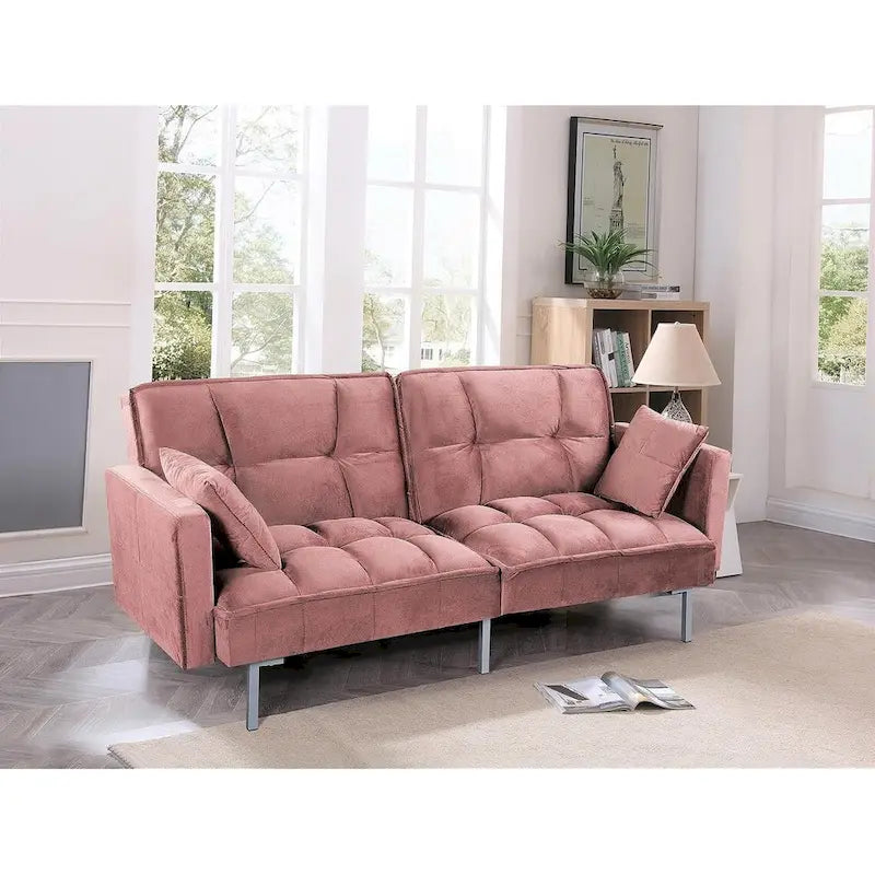 Canapé-lit convertible en velours avec un design capitonné de style mi-siècle et des pieds en métal