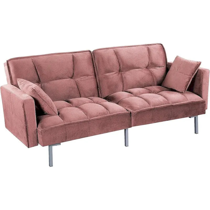 Canapé-lit convertible en velours avec un design capitonné de style mi-siècle et des pieds en métal