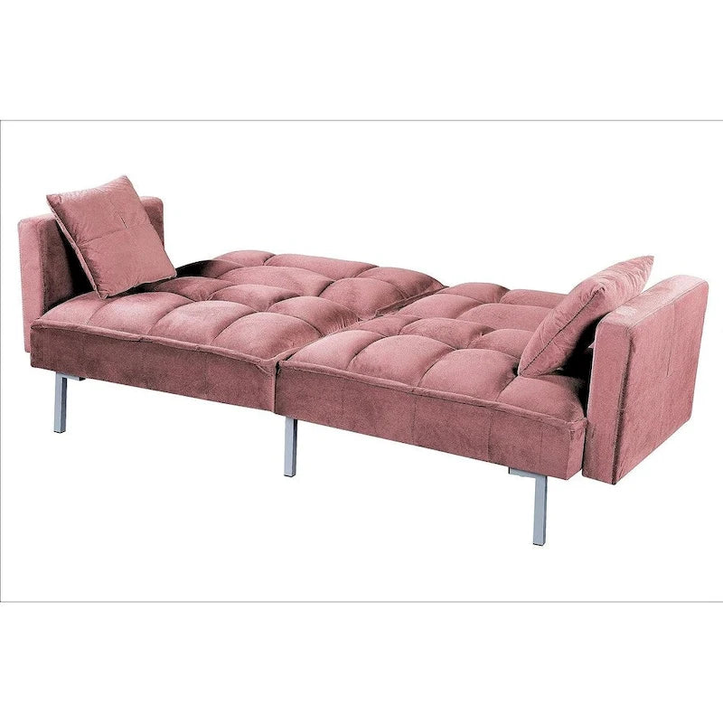 Canapé-lit convertible en velours avec un design capitonné de style mi-siècle et des pieds en métal