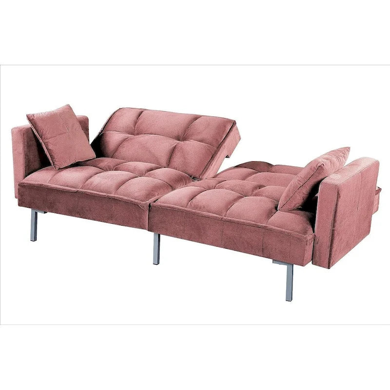 Canapé-lit convertible en velours avec un design capitonné de style mi-siècle et des pieds en métal