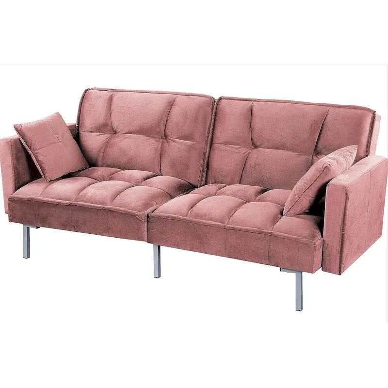 Canapé-lit convertible en velours avec un design capitonné de style mi-siècle et des pieds en métal