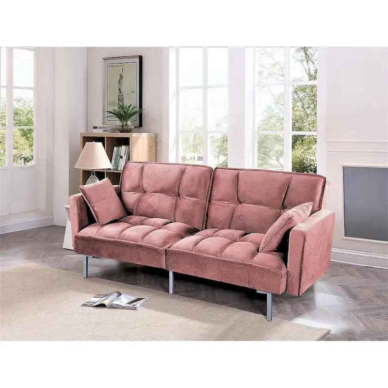 Canapé-lit convertible en velours avec un design capitonné de style mi-siècle et des pieds en métal