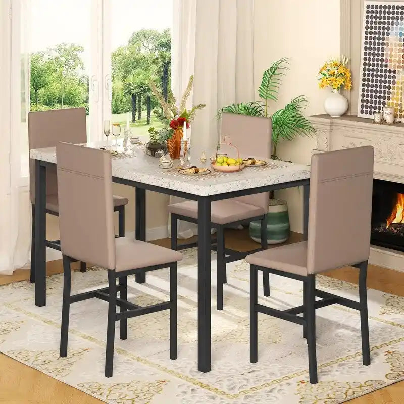 Mid-Century Modern Faux Marble Top 5-Piece Dining Table Set with 4 Faux Leather Matching Dining Chairs for Kitchen