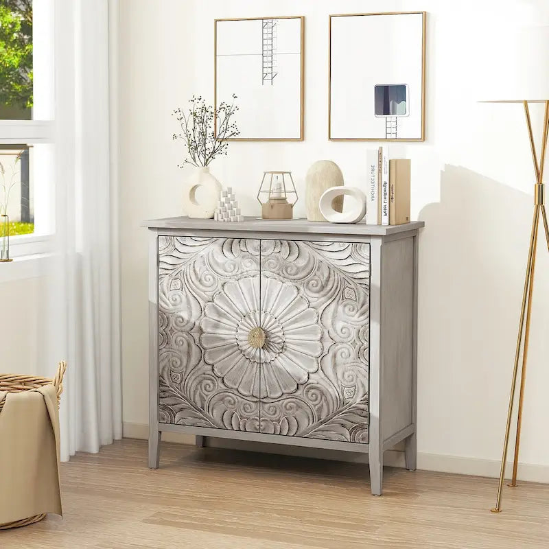 Armoire 2 portes, Meuble américain, Convient pour chambre à coucher, salon, bureau, Gris+Blanc